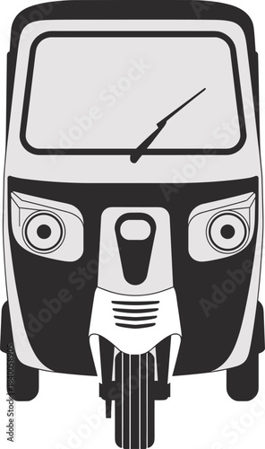 Front view auto rickshaw transportation vehicle design showing classic three wheeler style used in urban street travel flat vector illustration