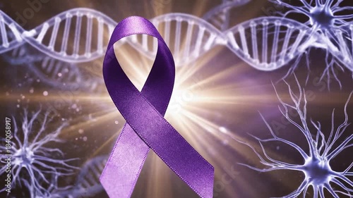 Purple Ribbon DNA and Neuron Abstract Medical Science Concept.