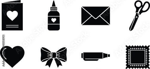 Black silhouette icons representing love letters stationery and romantic communication