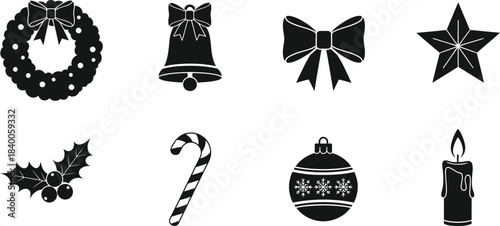 Black silhouette collection of traditional christmas decorations and holiday symbols