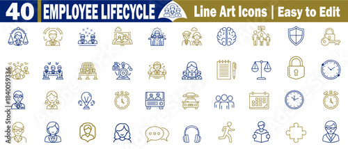 Employee lifecycle line art icons set. Covering legal aspects, team collaboration, career progression, and time management vectors. 