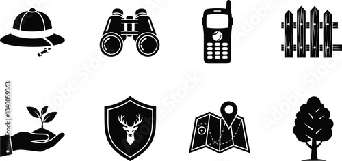 Black silhouette icons representing outdoor activities and nature elements