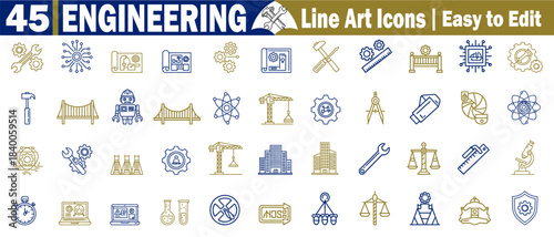 45 engineering line art icons. Easy to edit includes construction planning, civil, mechanical, electrical, architecture, industrial manufacturing design, development, and innovation vector.