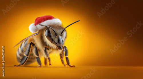 Bee dressed as Santa Claus for Christmas, copy space on yellow background