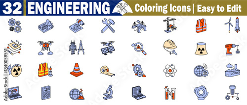 Engineering coloring icons. Easy to edit includes blueprint tools, construction smart city drone solar energy factory production, development innovation vector illustration.