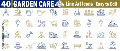 40 garden care line art icons. Easy to edit for agriculture tools, equipment, potted plants, watering can, greenhouse, birdhouse, wheelbarrow, pruning shears vector illustration.