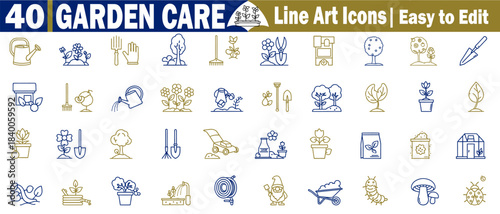 40 garden care line art icons. Easy to edit for gardening tools, plant growth, watering, planting, harvesting, and outdoor activities vector illustration.