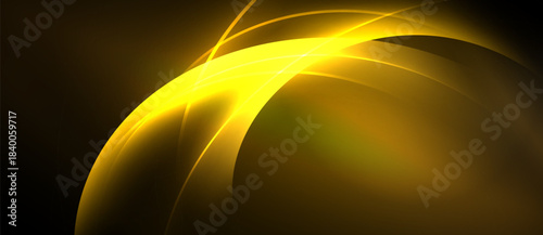 Abstract golden curves radiate energy. Bright light contrasts dark background, creating dynamic visual effect. Smooth shapes suggest movement, warmth.