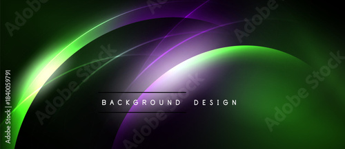 Abstract design features vibrant green, purple glows. Smooth curves create dynamic, modern visual effect. Dark background emphasizes luminosity.