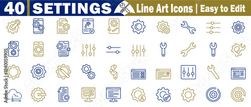 Settings line art icons. Easy to edit gear tools options, interface adjustment, synchronization process, and set outline vector symbols.