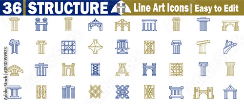 Structure line art icons. Easy to edit architectural elements, columns, pillars, bridges, scaffolding set outline, vector symbols.