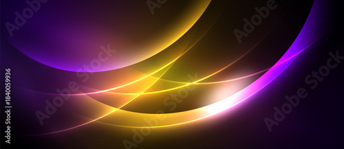 Abstract flowing lines, vibrant purple, gold hues. Dynamic composition, smooth gradients create luminous effect. Dark background emphasizes bright shapes.
