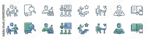 Educational Icons Showing Learning and Teaching Scenarios Keywords: education, learning, teaching, student, teacher, book, magnifying glass, presentation, classroom, stairs, success, desk