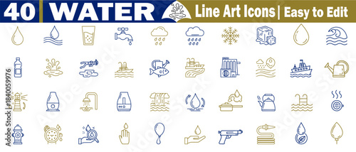 Water line art icons. Easy to edit nature and environmental symbols, liquid elements, hydration, and aquatic life concepts and designs. 