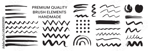 Premium quality brush elements handmade black ink lines and shapes isolated on white
