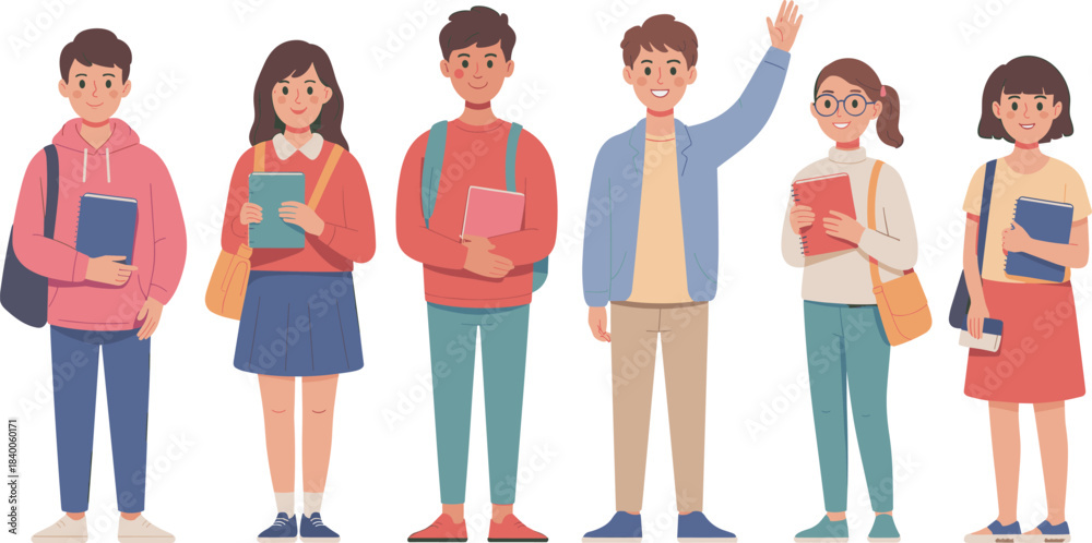 Fototapeta premium Group of six cartoon students with books and backpacks, casual academic style, education theme, flat vector illustration