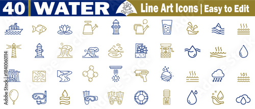 40 water line art icons. Easy to edit set displaying essential elements like boats, lighthouses, and aquatic activities with a gold tint vector illustration.