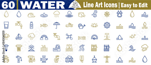60 water line art icons. Easy to edit set featuring essential elements like droplets, faucets, and aquatic activities with a gold tint vector illustration. 