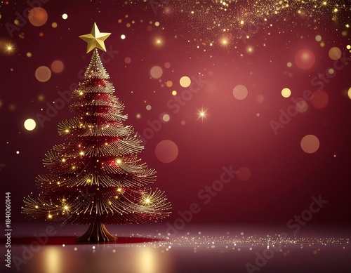Czerwone tło świąteczne ze złotą choinką z gwiazdą i miejscem na tekst