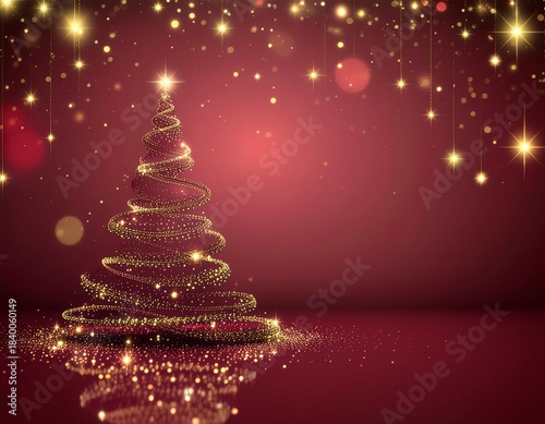 Czerwone tło świąteczne ze złotą choinką z gwiazdą i miejscem na tekst