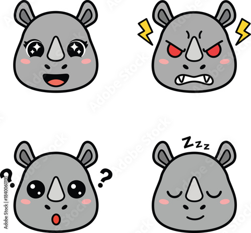 Four adorable cartoon rhino faces expressing various emotions including happiness, anger, confusion, and sleepiness, isolated on a white background.