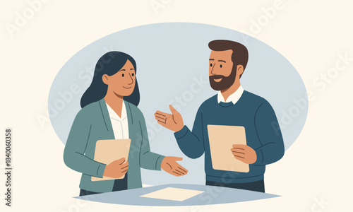 Two coworkers talking and reviewing documents at a table. Friendly business communication in an office environment. Modern flat illustration with positive teamwork.