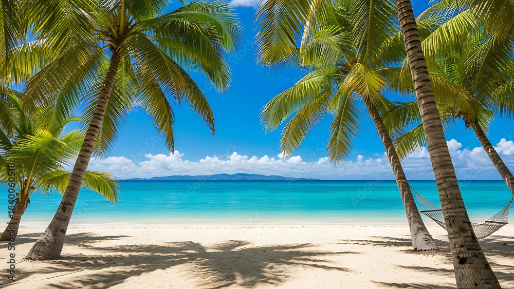 Fototapeta premium Idyllic beach with palm trees and hammock tropical