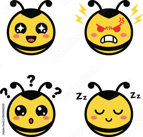Four cute cartoon bee faces expressing various emotions like happiness, anger, confusion, and sleepiness, isolated on a white background.