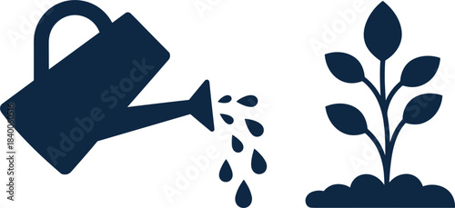 Dark blue silhouette icon of a watering can pouring water onto a small plant, gardening and growing symbol vector illustration
