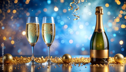 Sylwestrowe tło z kieliszkami i butlką szampana, konfetti i serpentynami na niebieskim tle