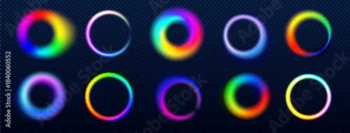 Rainbow neon rings set with glowing light effect on dark background - vibrant multicolor circular frames with gradient halos, radiant borders and luminous abstract elements for modern digital design.
