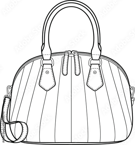 Handbag sketch, fashion accessory, shoulder strap, zipper detail, striped pattern, vector drawing, product design, flat vector illustration
