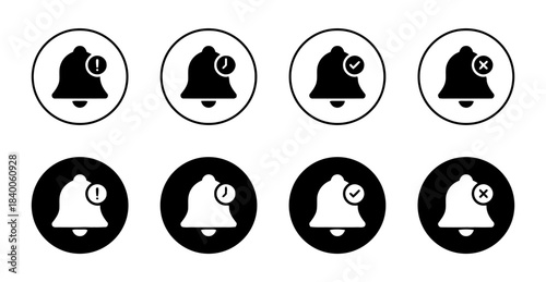 Eight Black and White Notification Bell Icons With Different Symbols In Circles