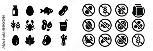 Food Allergy Icons and Warning Symbols in Black and White Keywords: food allergy, icon, symbol, warning, no nuts, no gluten, no dairy, no seafood, egg, fish, peanuts, milk, wheat, crab