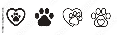 Four Paw Print Icons with Heart Designs Keywords: paw print, icon, heart, love, animal, pet, dog, cat, symbol, design, graphic, illustration, vector, black and white, simple, clean, outline