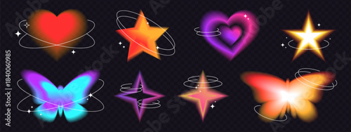 Neon blur stickers in y2k gradient style with aura - soft heart and star, butterfly shapes surrounded by orbital rings and sparkles. Abstract glowing elements for social media romantic decorations