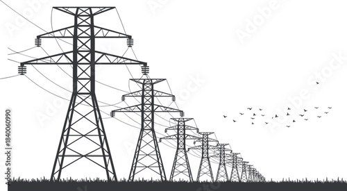 High-voltage transmission tower series, electric grid infrastructure, power line network, birds in flight, landscape view, flat vector illustration