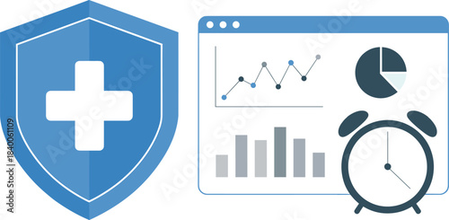 Healthcare analytics icon with medical shield, data charts, and clock, health monitoring concept, flat vector illustration