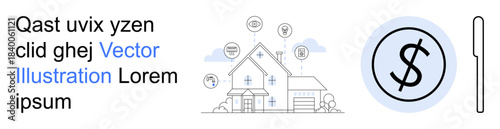 Healthcare, financial planning, medical services, insurance, homecare, cost analysis. House with medical symbols and dollar coin graphic. Healthcare and financial planning concepts