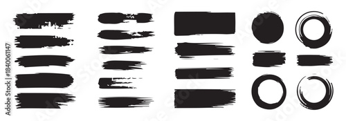 Abstract paint strokes and circles collection, black ink artistic brush elements for design