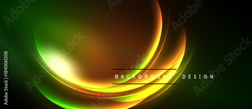 Abstract neon lines create vibrant curves. Green, yellow, orange hues blend into dark background. Modern design element.