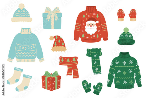 A cute vector set of cozy Christmas clothes and accessories. Includes ugly sweaters, hats, scarves, socks, mittens, and gift boxes in a flat winter style