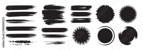 Abstract brush strokes and grunge shapes collection, black ink textured elements for design