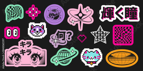 Vintage anime stickers set isolated on black background. Vector illustration of pixel animal icons, checkered heart and star shapes, Asian hieroglyphs, cute girl eyes, planet, retro futuristic emoji