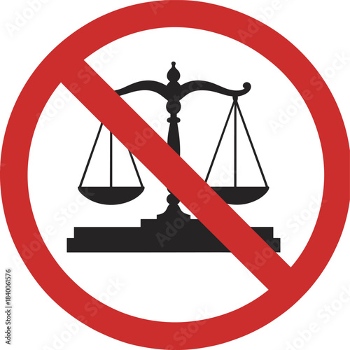 Justice denied symbol, no legal access, law restriction icon, protest against injustice, legal system critique, flat vector illustration