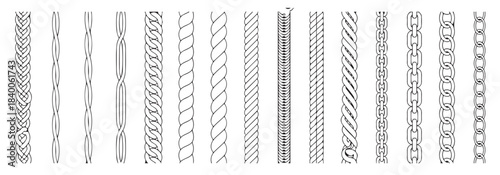 Set of black rope brushes and nautical cord borders or chains in outline style with isolated white background