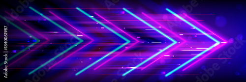 Speed boost arrow signs on dark background. Vector realistic illustration of neon pink blue motion symbols, movement forward, future technology development, business growth strategy, data technology