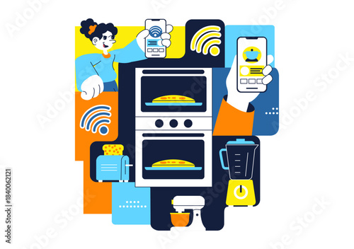 Smart Kitchen Appliances Illustration for Modern Home with Connected Cooking Technology and Innovative Digital Household Devices in a Background