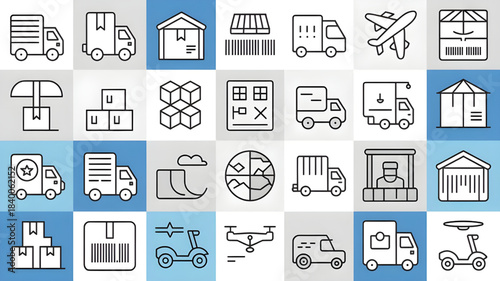 A collection of modern, outline icons representing the logistics, shipping, and supply chain industries. The set covers various transportation methods, warehousing, and operational processes