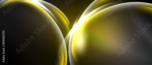 Abstract golden shapes overlap, creating luminous curves. Dark background emphasizes bright reflections, smooth gradients present.